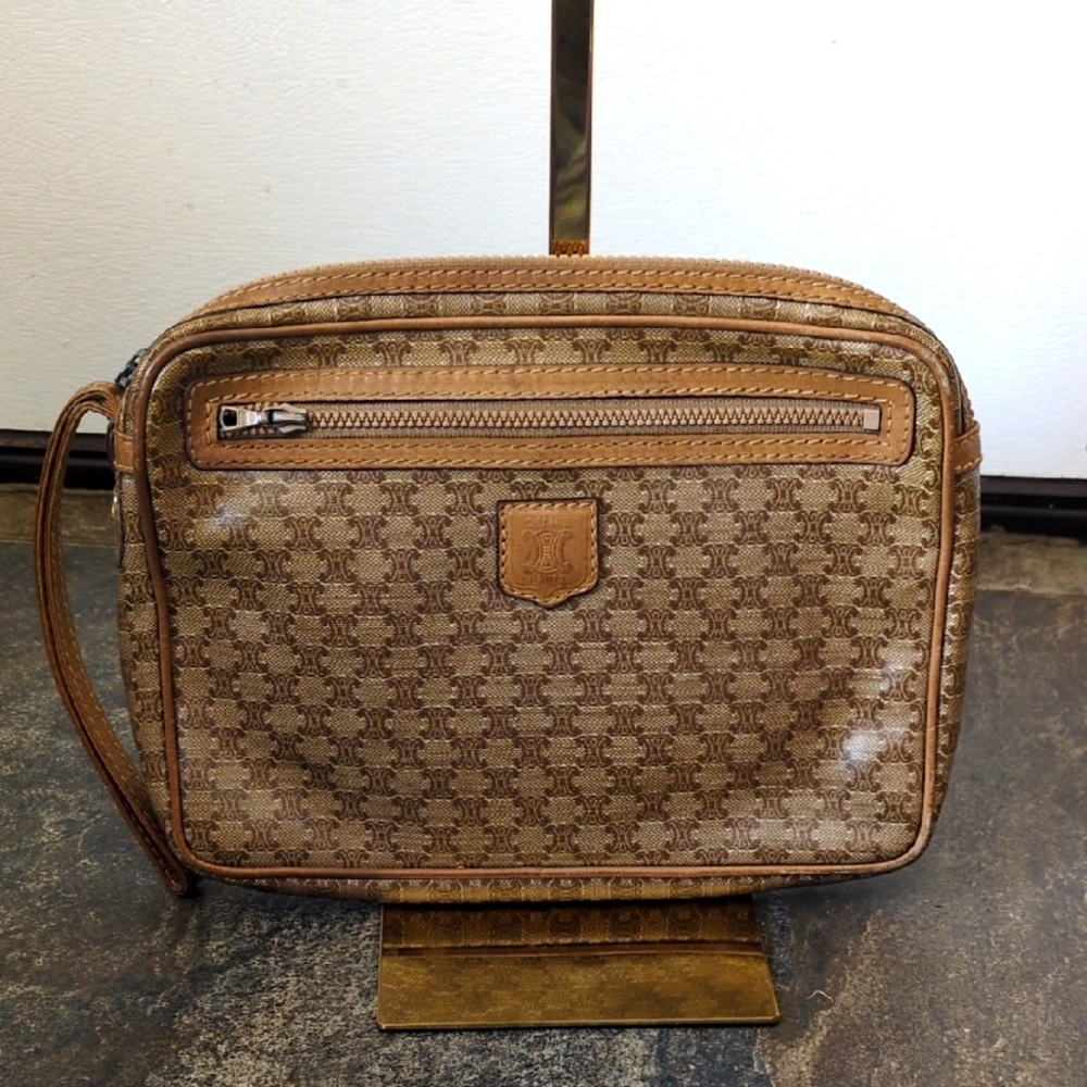 Celine GUC Coated Canvas Tan Macadam Print Wristlet Clutch Toiletry Makeup Bag